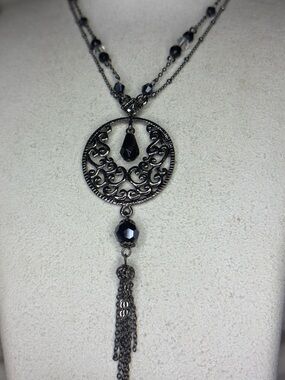Cookie Lee Black Filigree Circle Tassel Necklace